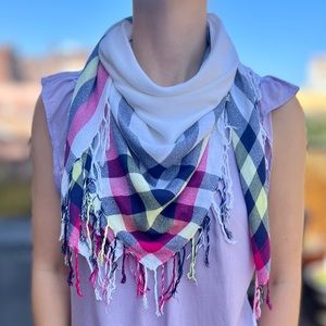 Large White Square Scarf With Fringe Checkered At The Ends 35” Length